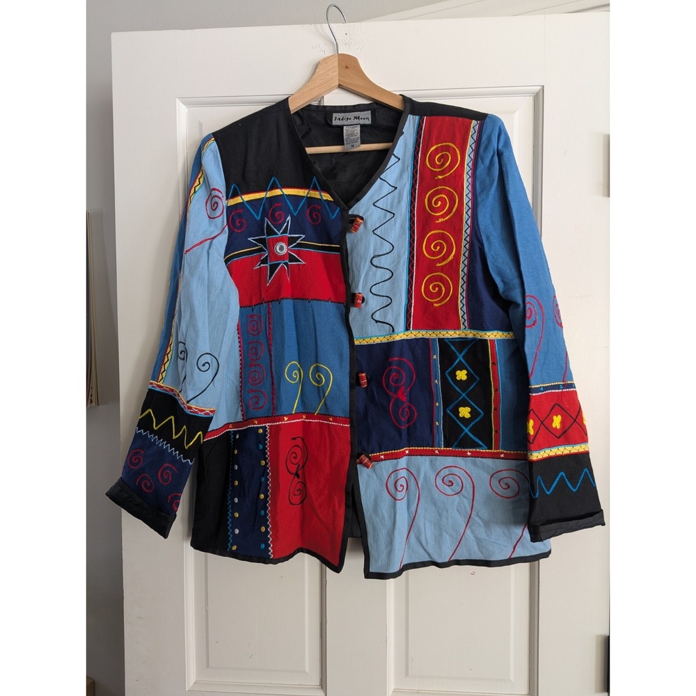 Vtg Indigo Moon Womens Jacket Top Art To Wear Boho Hipster Size M Patchwork Flax